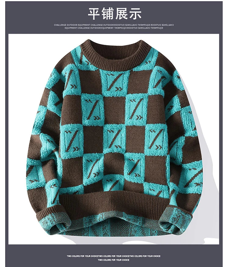 New Men's Fashion Round Neck Print Sweater Autumn Winter Contrast Color Printed Letter Long Sleeve Loose Casual Knitted Tops