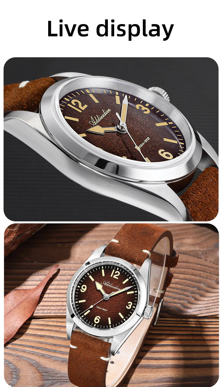 ADDIESDIVE NEW Luxury Quartz Men's 36mm Watch AD2544 Sapphire Crystal 100M Waterproof C3 Retro Luminous Leather Strap Wristwatch
