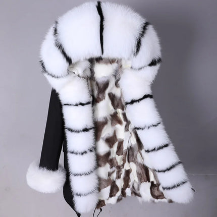 Winter Long Jacket Real Fur Coat Women Clothes Large Silver Fox Fur Collar Detachable Natural Fox Lining Parkas Leather Fur