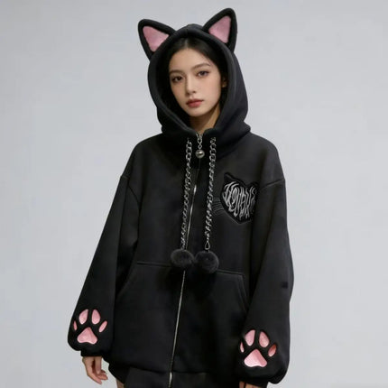 Cute Cat Ear Velvet Hoodies Women Cat Claw Long Sleeve Coat Black Harajuku Y2k 2000s Punk Rock Goth Sweetheart Women Jackets