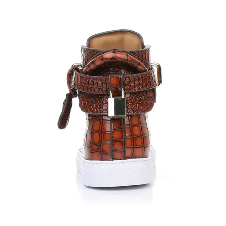 Luxury Designer Men Crocodile Pattern High Top Sneakers Glossy Patent Leather Gold Buckle Lace-up Casual Street Shoes Footwear