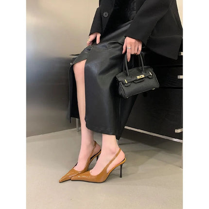 Eilyken Spring Fashion Sexy Thin Heels Pointed Toe Pumps Women Mule Shoes Elegant Patent Leather Banquet Striptease Sandals PlatiNum