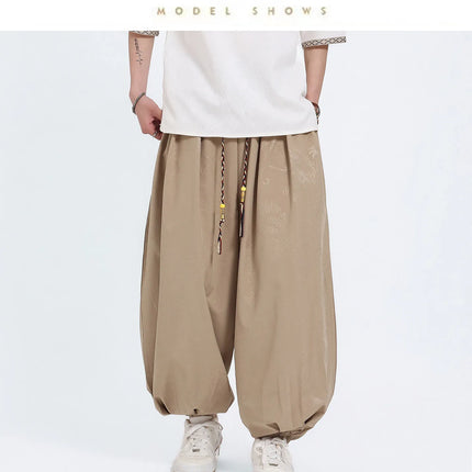 Pantaloni Estivi da Uomo Stile Cinese in Seta Ghiaccio con Motivo Drago Ukiyo-e, Comodi e Trendy, Pantaloni Casual Oversize da Uomo