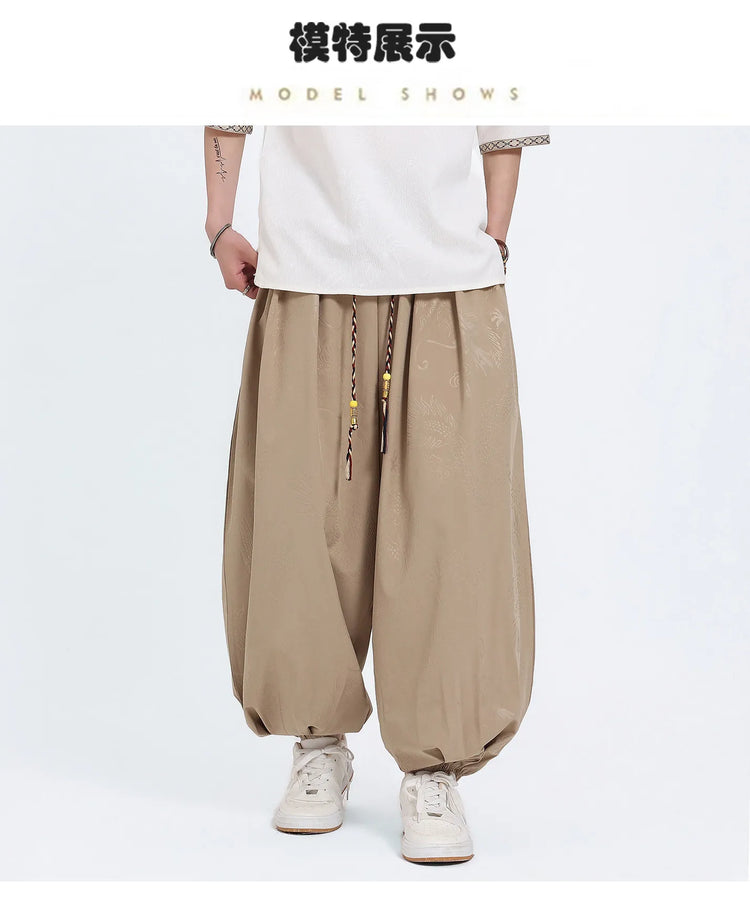 Pantaloni Estivi da Uomo Stile Cinese in Seta Ghiaccio con Motivo Drago Ukiyo-e, Comodi e Trendy, Pantaloni Casual Oversize da Uomo
