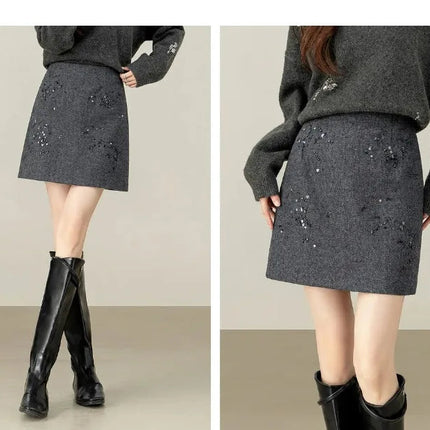 SENTUBILA Women's Sequin Skirt 2025 Elegant Wool Blend Bead Embroidery A Line Short Skirt Winter Thick Commute Clothes 161QA6559 PlatiNum