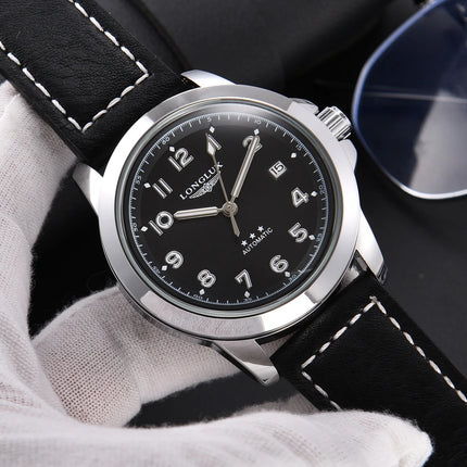 LONGLUX Men Automatic Watch Vintage Pilot Business Classic Military Mechanical Watches Date Waterproof Luminous Leather Gift