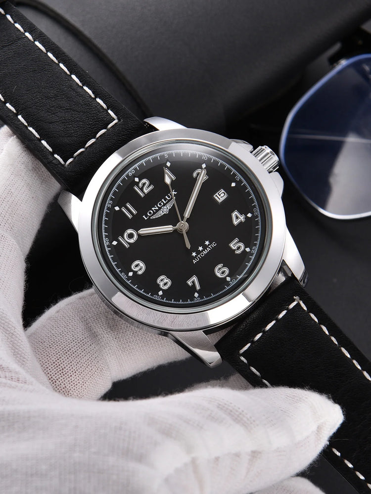 LONGLUX Men Automatic Watch Vintage Pilot Business Classic Military Mechanical Watches Date Waterproof Luminous Leather Gift
