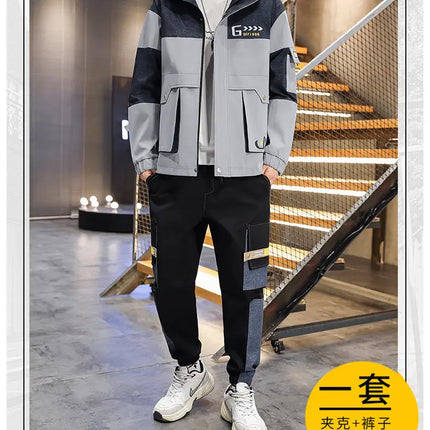 Men's Casual Sports Sets Spring Autumn Tracksuit Jogging Set Patchwork flight Hooded jacket pants two Piece