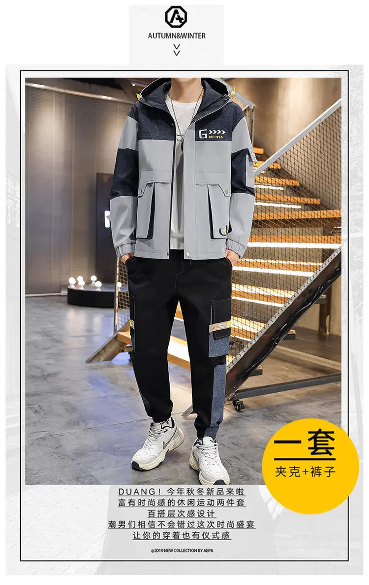 Men's Casual Sports Sets Spring Autumn Tracksuit Jogging Set Patchwork flight Hooded jacket pants two Piece