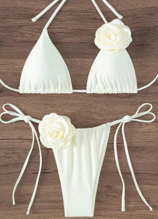 Bikini Sexy con Fiori 3D e Lacci Sulla Schiena, Costume da Bagno Femminile Due Pezzi, Set Bikini, Abbigliamento da Spiaggia, Taglie S-L PlatiNum