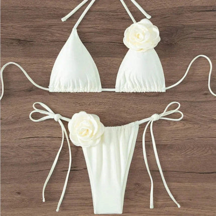 Bikini Sexy con Fiori 3D e Lacci Sulla Schiena, Costume da Bagno Femminile Due Pezzi, Set Bikini, Abbigliamento da Spiaggia, Taglie S-L PlatiNum