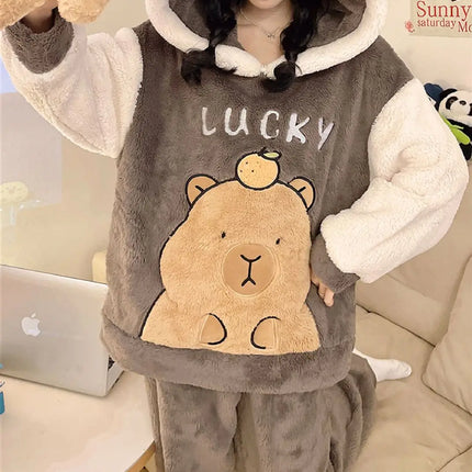 Winter New Women's Warm Pajamas Cartoon Hooded Sleepwear Suit Women's Coral Fleece Pyjamas Set Thickened Thermal Homewear M-4XL