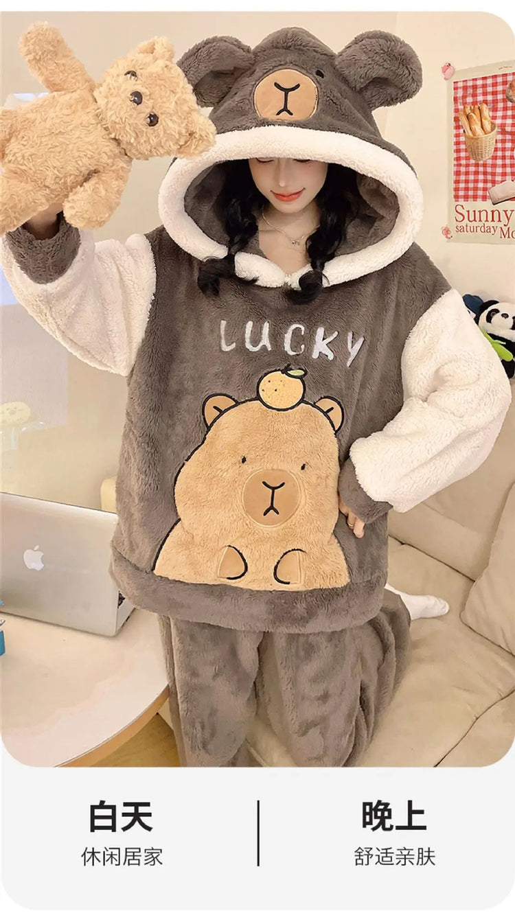 Winter New Women's Warm Pajamas Cartoon Hooded Sleepwear Suit Women's Coral Fleece Pyjamas Set Thickened Thermal Homewear M-4XL