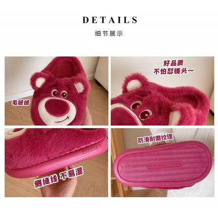 Fashion Strawberry Bear Girl Plush Cotton Slippers for Winter Warmth Indoor with Soft Plush Leisure Cotton Slippers Gifts