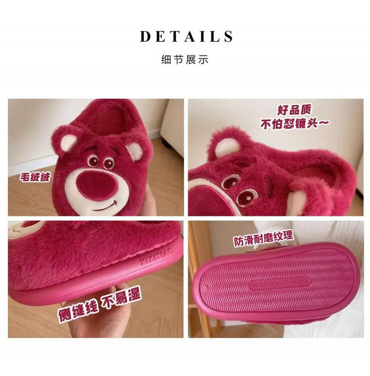 Fashion Strawberry Bear Girl Plush Cotton Slippers for Winter Warmth Indoor with Soft Plush Leisure Cotton Slippers Gifts