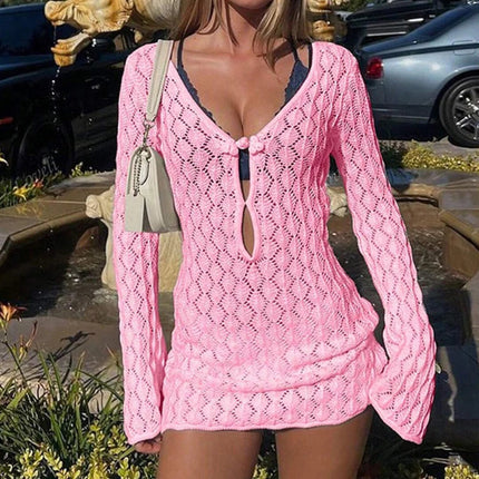 Copricostume da spiaggia a maniche lunghe casual slim fit da donna, abito corto lavorato a maglia alla moda semplice, grembiule con protezione solare per le vacanze primaverili e autunnali platinumshop