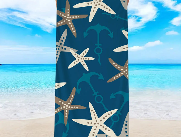 1pc Ocean Element Printed Beach Towel, Starfish Boat Anchor Gym Workout Towel For Travel Pool Yoga