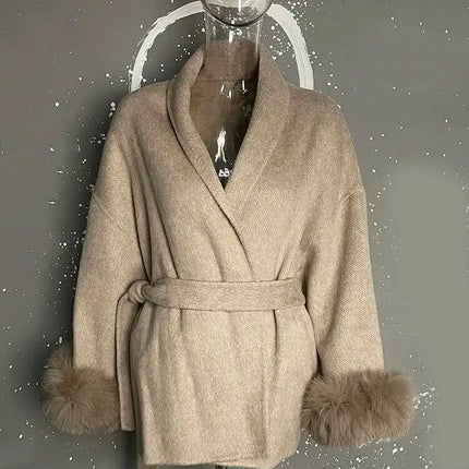UCXQ Elegant OL Office Lady Overcoats Fur Patchwork Long Sleeve Woolen Coat Beautiful Women's Clothing Jacket Autumn 2025 Winter