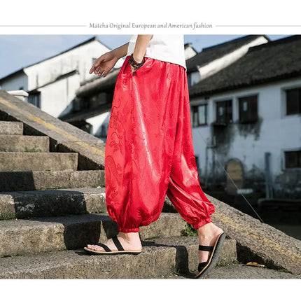 Vendite calde Pantaloni Da Uomo 2024 Nuovo Drago di Seta del Ghiaccio Fiore Scuro Bloomers Moda Allentata Gamba Larga Casual di Alta Qualità Pantaloni Maschili di Marca