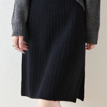 Women's Knitted Skirt 100% Merino Wool Sheath Skirt Solid Color Autumn/Winter Fashion Vertical Strip Wrap Hip Skirt Split Skirt PlatiNum