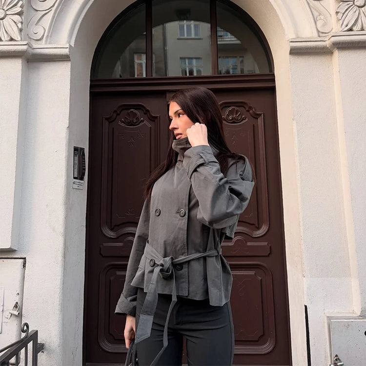 2026 Spring Women's Solid Lace Up Trench Coat Stand Collar Double Breasted Jacket Stylish New Lady Long Sleeve Outerwear Street