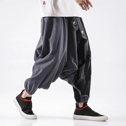 Pantaloni alla moda da uomo Samurai giapponese Ukiyo-e Cintura con stampa Pantaloni stile harem da uomo in cotone e lino Casual Oversize Harajuku Pantaloni a gamba larga da uomo