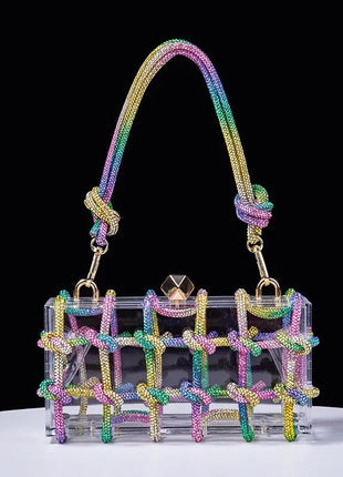 Classic 2025 Acrylic Box Bag with Woven Diamond Rope Handheld Evening Women's Bag Transparent Dinner Handbag European Style PlatiNum
