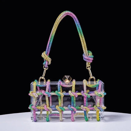 Classic 2025 Acrylic Box Bag with Woven Diamond Rope Handheld Evening Women's Bag Transparent Dinner Handbag European Style PlatiNum