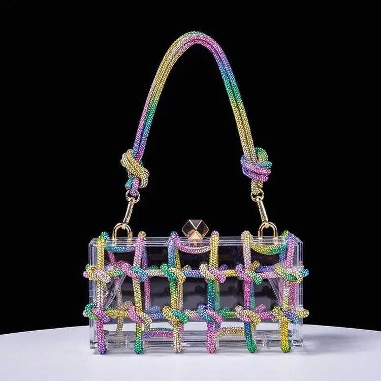 Classic 2025 Acrylic Box Bag with Woven Diamond Rope Handheld Evening Women's Bag Transparent Dinner Handbag European Style PlatiNum