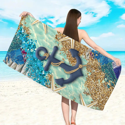 1pc Ocean Element Printed Beach Towel, Starfish Boat Anchor Gym Workout Towel For Travel Pool Yoga