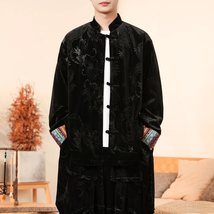 Giacca in velluto da uomo in stile cinese con stampa drago camicie da uomo tradizionale abito Tang Kung Fu Tai Chi camicie casual retrò abbigliamento da uomo