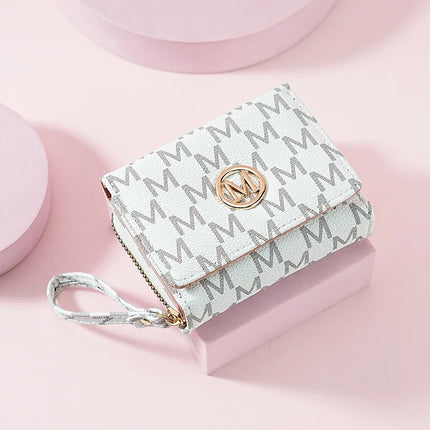 Fashionable Letter Printed Tri-Fold Compact Ladies Wallet Retro Style Card Holder PU Leather Synthetic Interior Daily Use PlatiNum