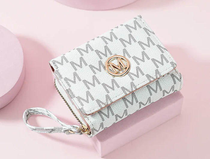 Fashionable Letter Printed Tri-Fold Compact Ladies Wallet Retro Style Card Holder PU Leather Synthetic Interior Daily Use PlatiNum