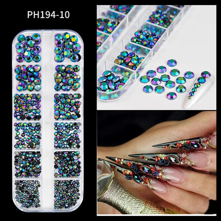 12 Grids Mixed Size Nail Rhinestones SS6 to SS30 Shiny Clear Gold Pink Blue Flat Back Glass Gems for DIY Nail Art Manicure Decoration Supply