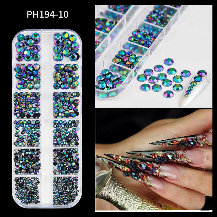 12 Grids Mixed Size Nail Rhinestones SS6 to SS30 Shiny Clear Gold Pink Blue Flat Back Glass Gems for DIY Nail Art Manicure Decoration Supply