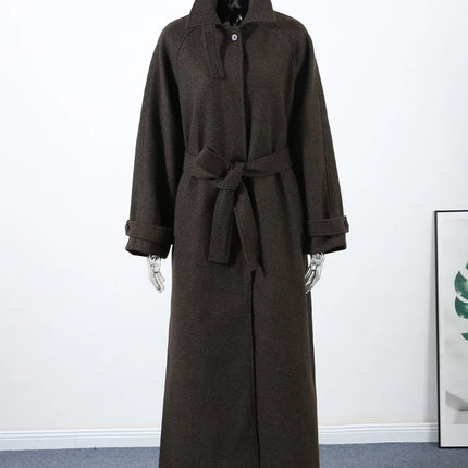 Women's Long Woolen Overcoats Stand Collar Single Breasted Lace Up Oversized Coat Autumn Winter Female Loose New Chic Outerwears