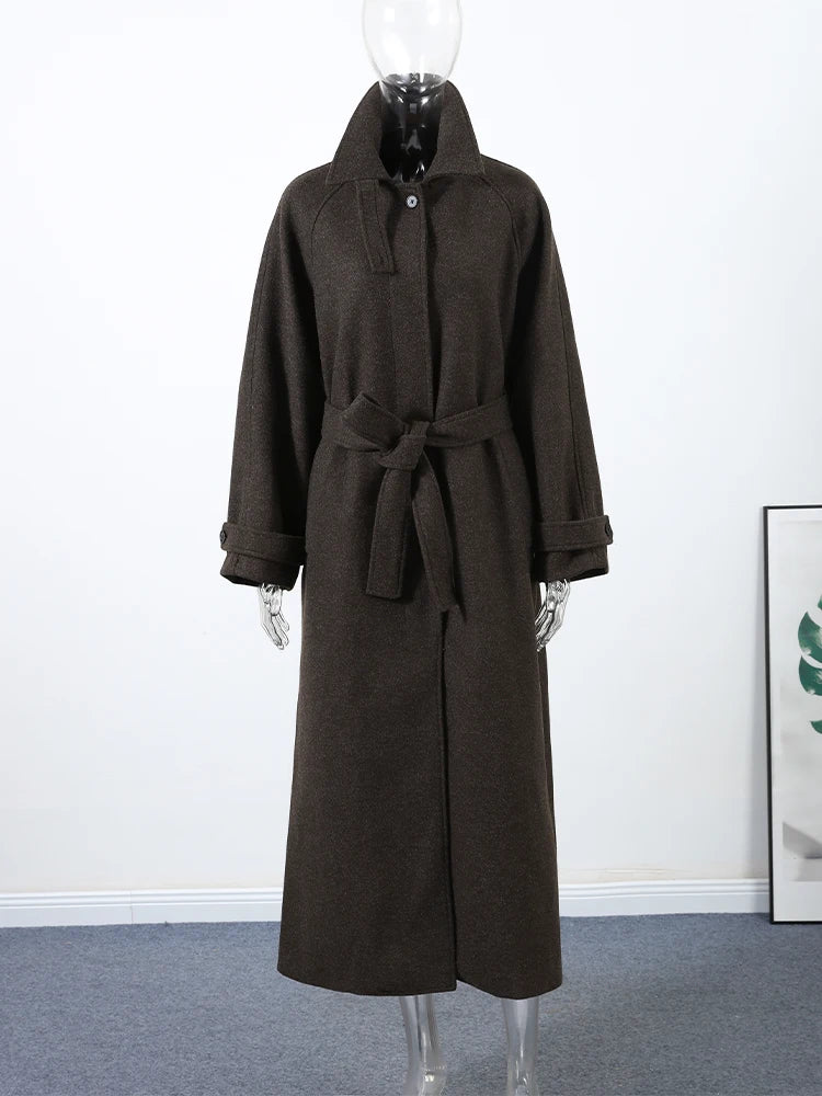 Women's Long Woolen Overcoats Stand Collar Single Breasted Lace Up Oversized Coat Autumn Winter Female Loose New Chic Outerwears