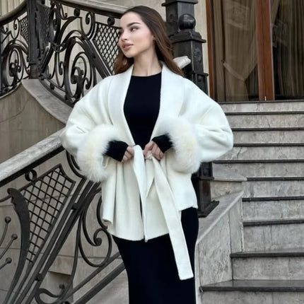 Women Grey Fur Splicing Woolen Coat Casual Belt Full Sleeve Lapel Loose Cardigan Outwear 2025 Lady Winter New Highstreet Jacket