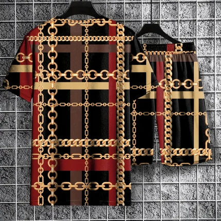 New Men's Two-Piece Suit Fashion Scottish Print Summer O-neck Short Sleeve Polo + Shorts Men's Two-Piece Set