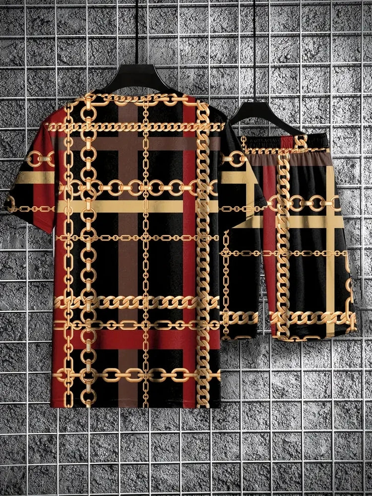 Nuovo vestito da uomo in due pezzi con stampa scozzese moda estate O-colletto Polo a maniche corte + pantaloncini abito da uomo in due pezzi
