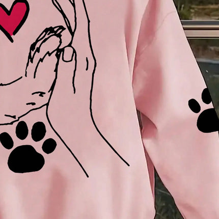 Ladies' Casual and Elegant Polyester Hoodie with Dog and Heart-Shaped Paw Prints, Hoodie, Animal Pattern