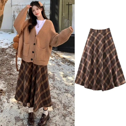 Retro High Waist Retro Plaid Skirt Slim Fit Classical High Waist Long Skirt Preppy Style Winter Autumu A-line Half Dress Autumn PlatiNum