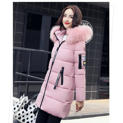 Women Winter Fur Collar Hooded Parka Coats Fashion Letter Patch Zipper Long Jacket Elegant Slim Warm Thick Female Snow Outerwear