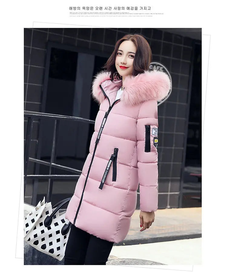 Women Winter Fur Collar Hooded Parka Coats Fashion Letter Patch Zipper Long Jacket Elegant Slim Warm Thick Female Snow Outerwear