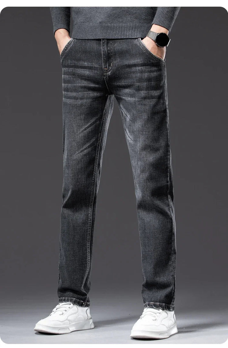 Autumn Men's Business Straight Fit Jeans Vintage Blue Smoke Gray Stretch Trousers Soft Comfortable Fabric Denim Pants Male PlatiNum