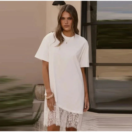 T-Shirt Dress with Lace and Asymmetrical Hem, Short Sleeves, Crew Neck, Casual and Comfortable Mini Dress, Summer Fashion 2026 Streetwear