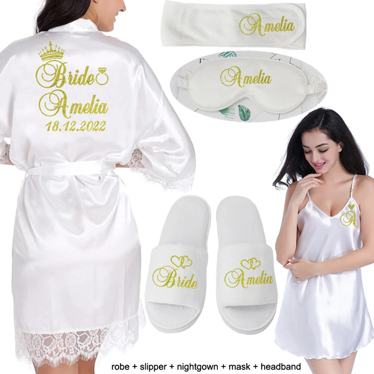 Data personalizzata Nome Kimono in pizzo Abito da donna Matrimonio Sposa Abiti da damigella d'onore Addio al nubilato Preparewear