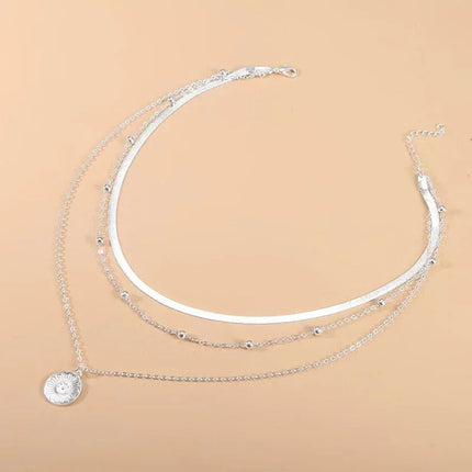 925 Sterling Silver Three-Layer Round Necklace Simple Snake Chain Charm Ball Chain Party Wedding Gift Women's Exquisite Jewelry PlatiNum