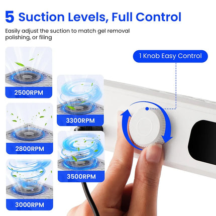 Brushless Twin Turbo Nail Dust Extractor with Multi Adjustable Speed 2500-3500RPM Double Strong Fan Vacuum Cleaner Professional Salon Manicure Dust Collection Tool