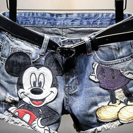 Women's High Waisted Denim Shorts-Korean-Inspired Loose Straight Leg-Distressed Cartoon Embroidery Trendy Summer Hot Pants PlatiNum